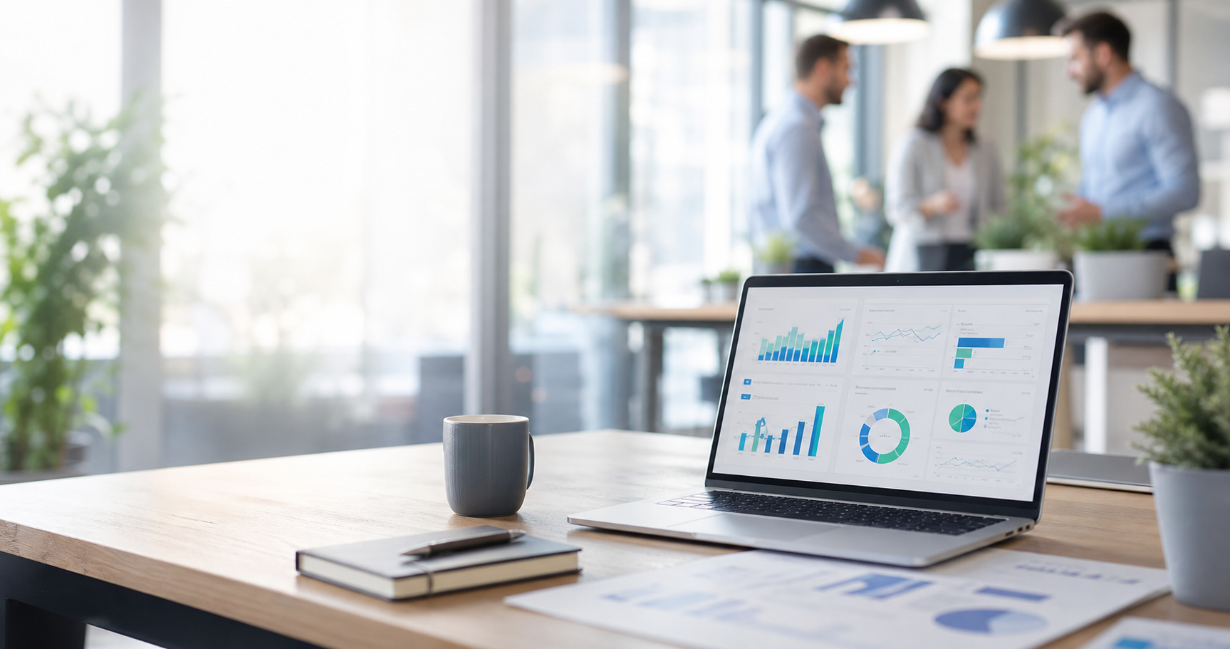 Painel de dados em notebook em ambiente corporativo